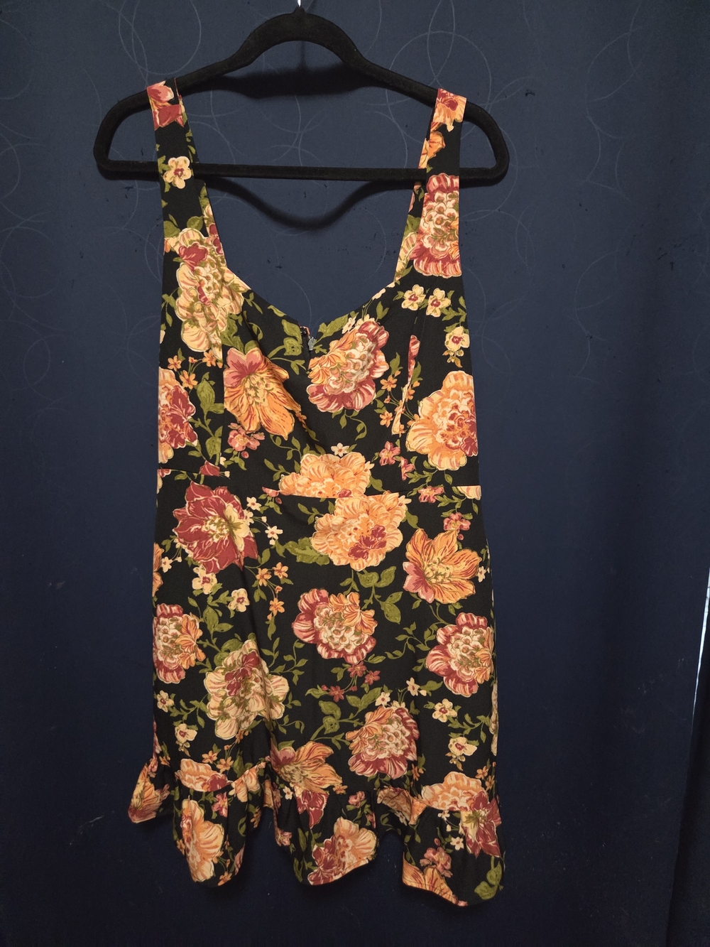 Floral Sundress with Ruffle Hem - Black & Orange